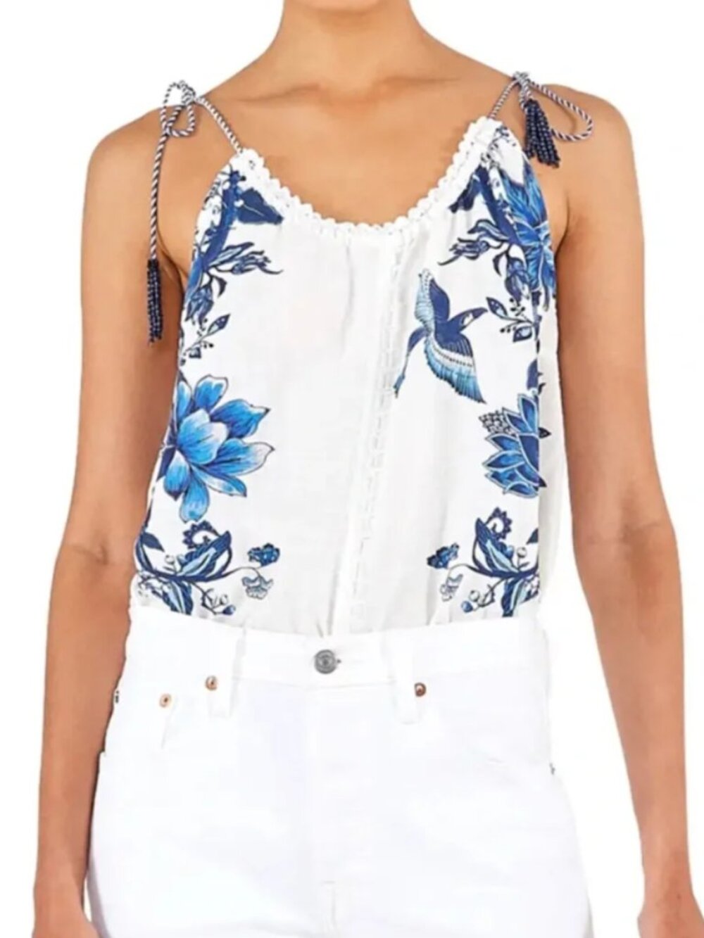 FARM Rio White Tank Top with Blue Floral & Bird Print